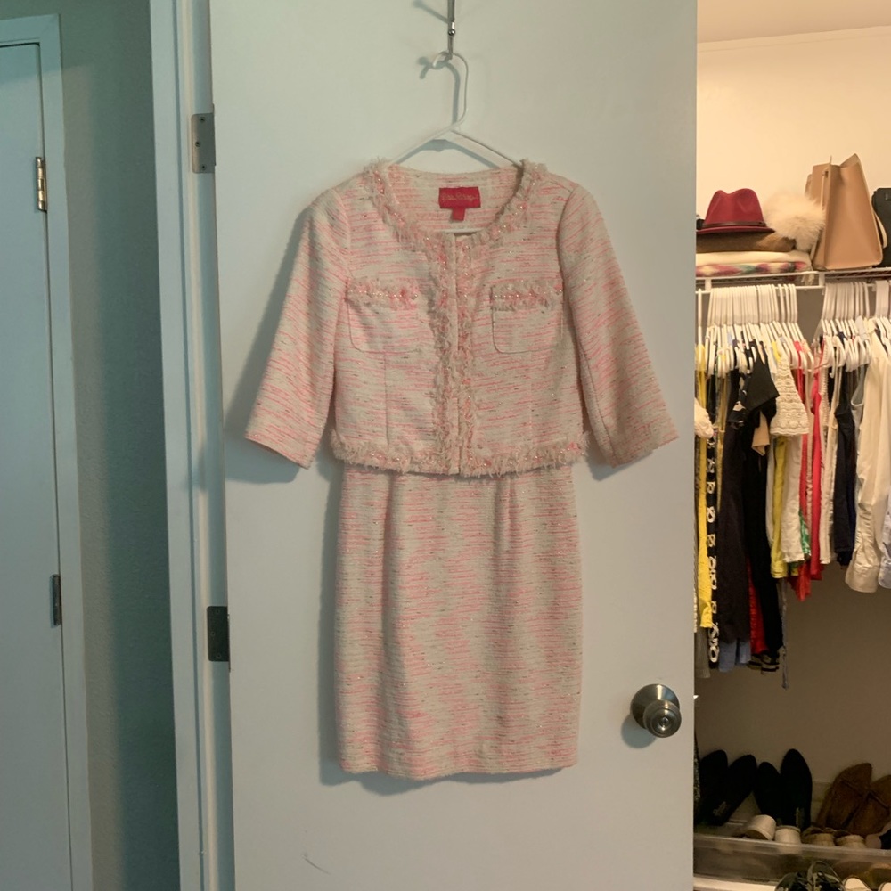 Lilly Pulitzer pink/white tweed dress and jacket with pearls 00